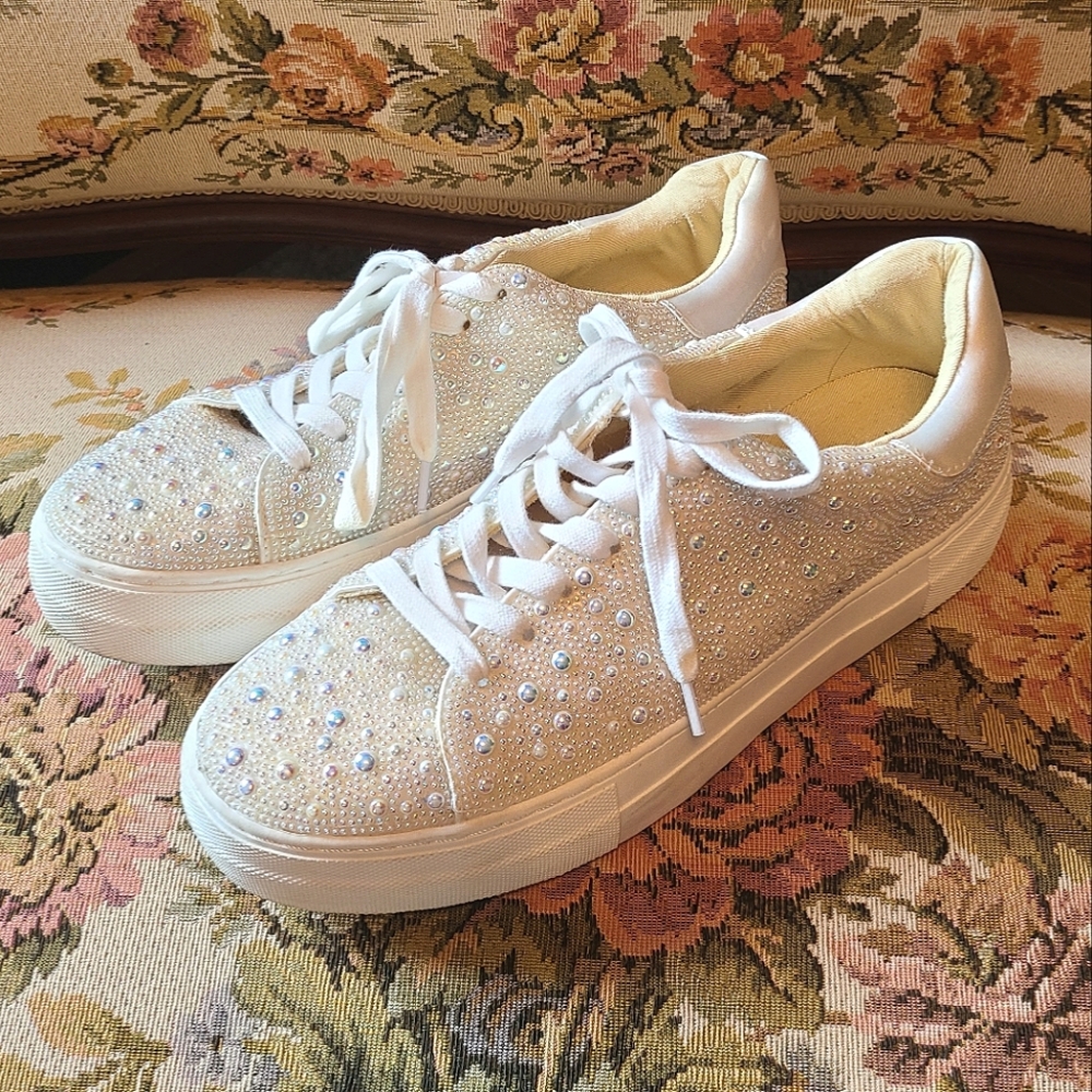 Betsey Johnson White Pearl & Rhinestone Platform Sneakers